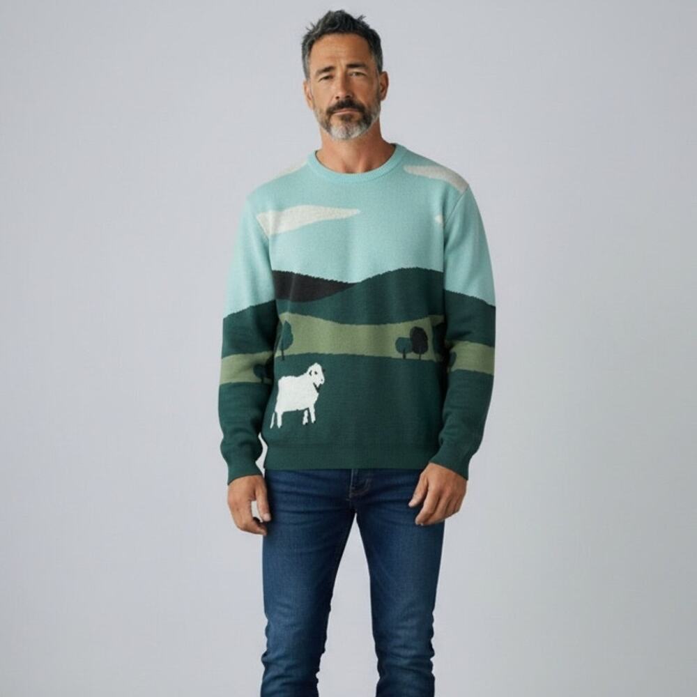 DJAB Simons Graphic Jacquard Sweater NWT Men's Sz S Patterned Ecru Landscape